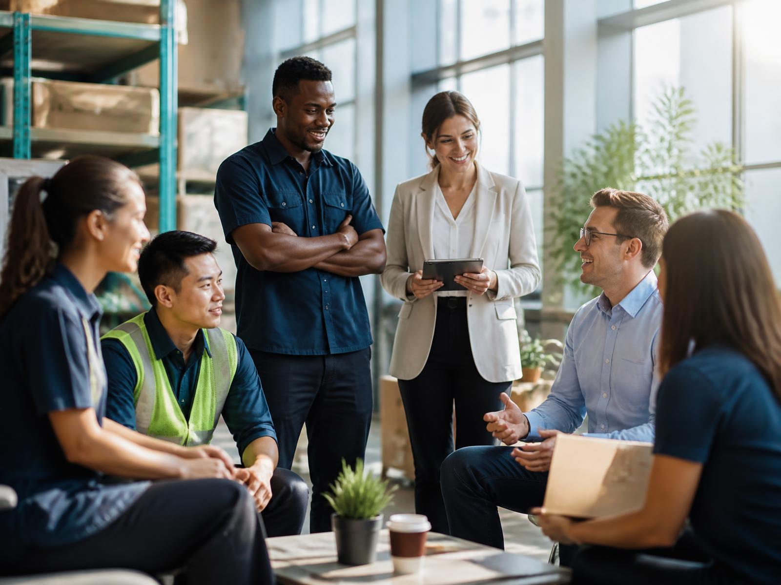 Hiring managers and hourly employees meeting in a bright modern workplace